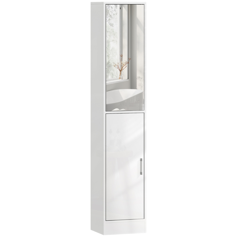 kleankin Tall Bathroom Cabinet with Mirror and Adjustable Shelf - High Gloss White