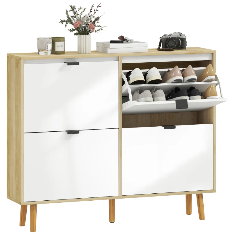 HOMCOM Meuble à chaussures, armoire à chaussures étroite, 4 tiroirs rabattables, porte haute brillante, 105x24x92,5cm, blanc