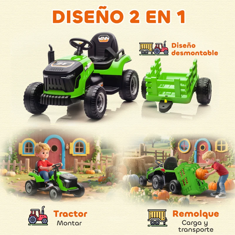 AIYAPLAY Tractor Eléctrico para Niños con Remolque Desmontable Batería 12V Velocidad 3-5 km/h, Control Remoto 2,4G Verde