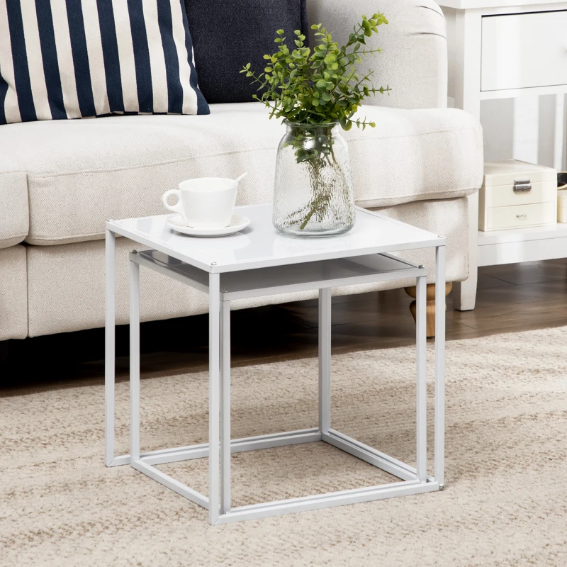 HOMCOM Juego de 2 Mesas Nido Mesas de Centro para Salón Cuadradas Material de Acero Grande 40 cm Pequeña 35 cm Blanco