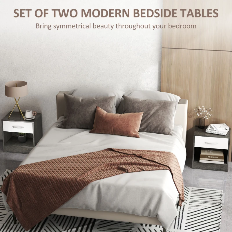 HOMCOM Set 2 Noptiere Moderne cu Raft Deschis și Sertar Alb Gri închis