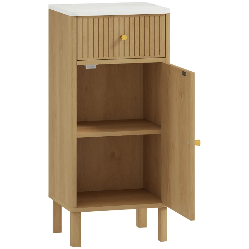 HOMCOM Mueble de baño, mueble de almacenamiento con encimera efecto mármol y puerta acanalada, cajón 36 x 30 x 80 cm, roble