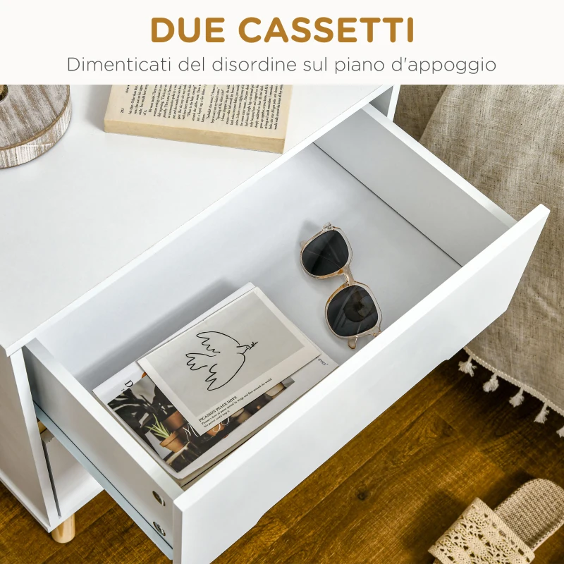 HOMCOM Comodino Moderno con 2 Cassetti, Set 2 Pezzi in Truciolato e Gambe in Legno di Pino, 50Lx40Px50.5A cm, Bianco