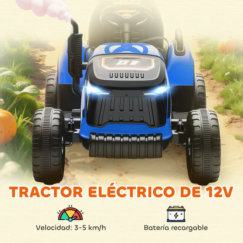 AIYAPLAY Tractor Eléctrico para Niños con Remolque Desmontable Batería 12V Velocidad 3-5 km/h, Control Remoto 2,4G Azul