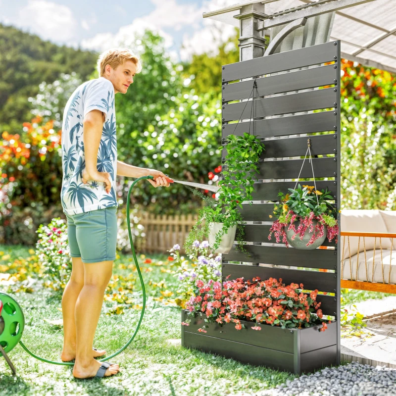 Outsunny Raised Bed for Garden, Planter with Trellis for Climbing Plants, Vines, Planter Box with Drainage Gap, Black