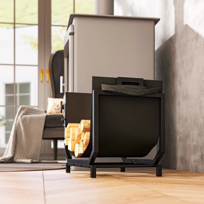 Outsunny Porta Legna in Metallo con Borsa da Trasporto Rimovibile in Tessuto Oxford, 53x33x43 cm, Nero