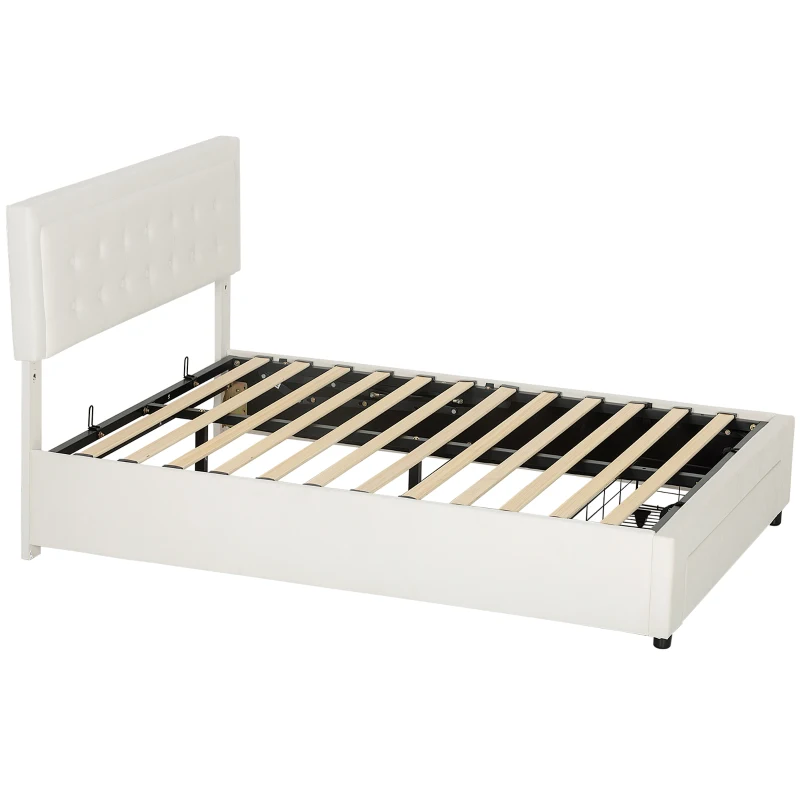 HOMCOM Double Ottoman Bed Frame, with Front Drawer - Cream