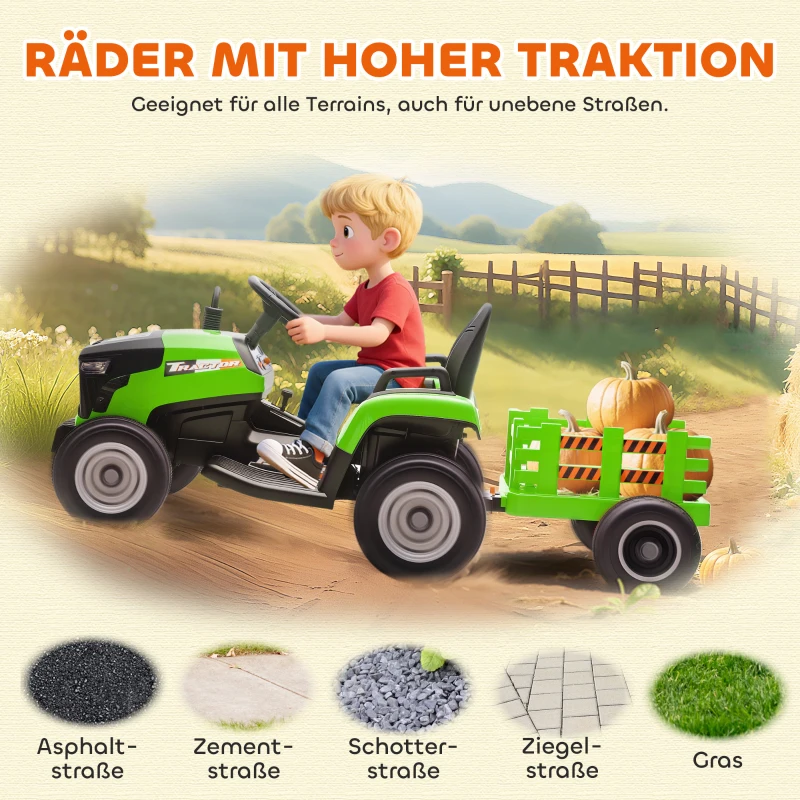 AIYAPLAY Elektrischer Kindertraktor, Aufsitz-Traktor mit Fernbedienung, Soft-Start, für Kinder im Alter von 3-8 Jahren, Grün(m-9)