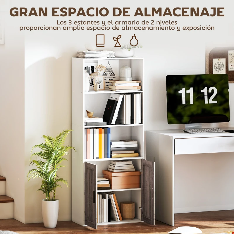 HOMCOM Estantería para Libros Estrecha Librería con Puertas Estantes Abiertos y Armario 60x30x149,5 cm Blanco y Marrón