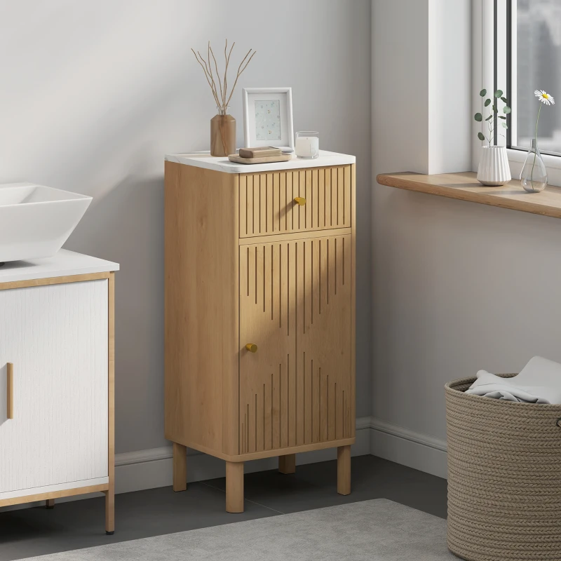 HOMCOM Mobiletto per bagno, con piano effetto marmo e cassetto 36 x 30 x 80 cm, Rovere