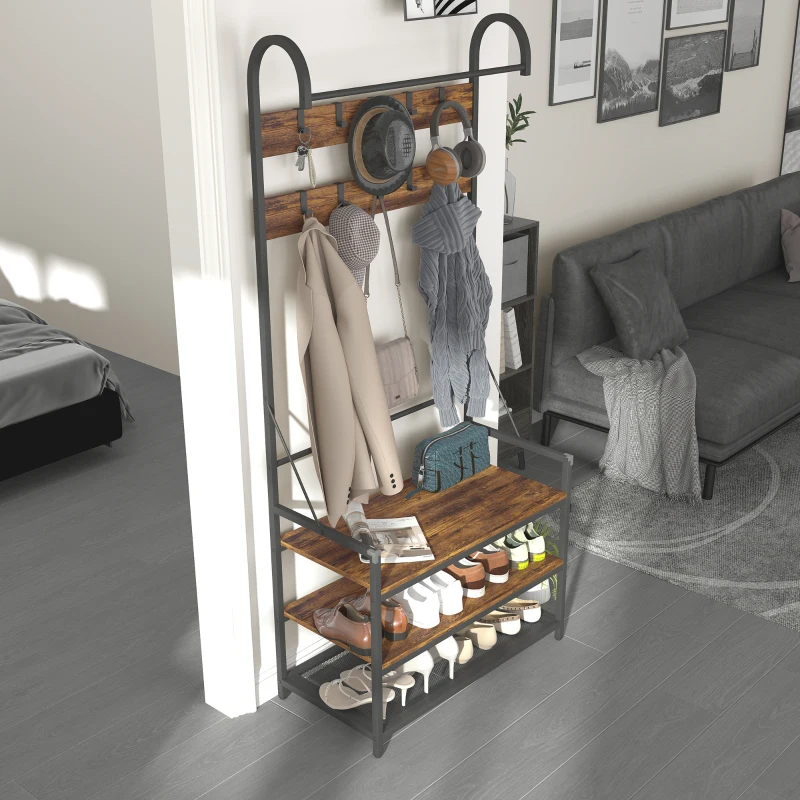 HOMCOM Perchero de Entrada con Barra, 10 Ganchos, Banco y Zapatero, en Madera y Metal, 80x40x182 cm, Marrón y Negro