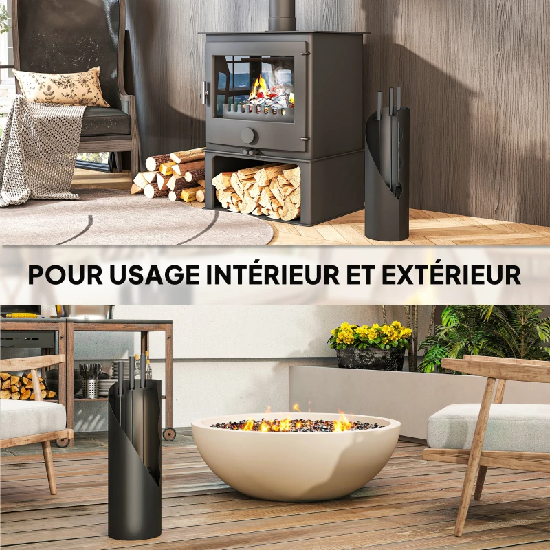 Outsunny Ensemble serviteur de cheminée 4 pièces avec balai, pelle, tisonnier et support,  en métal 20 x 20 x 65 cm, noir