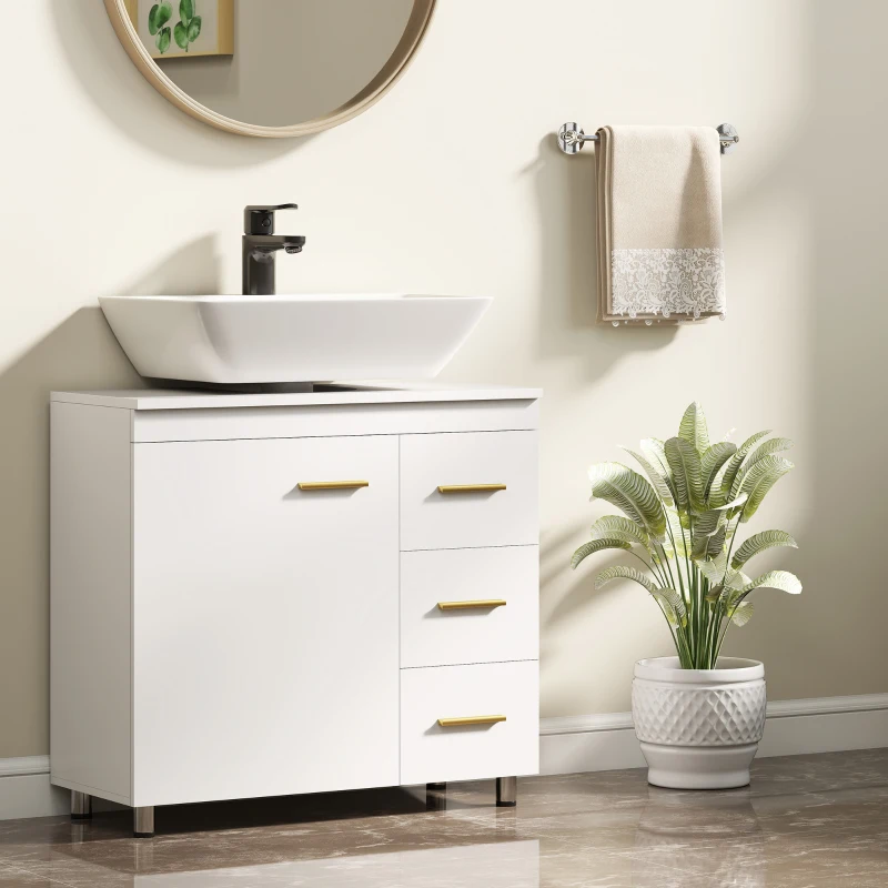 HOMCOM Badezimmer-Unterschrank, 3-stufiges Design, MDF, Spanplatte, Weiß(m-2)