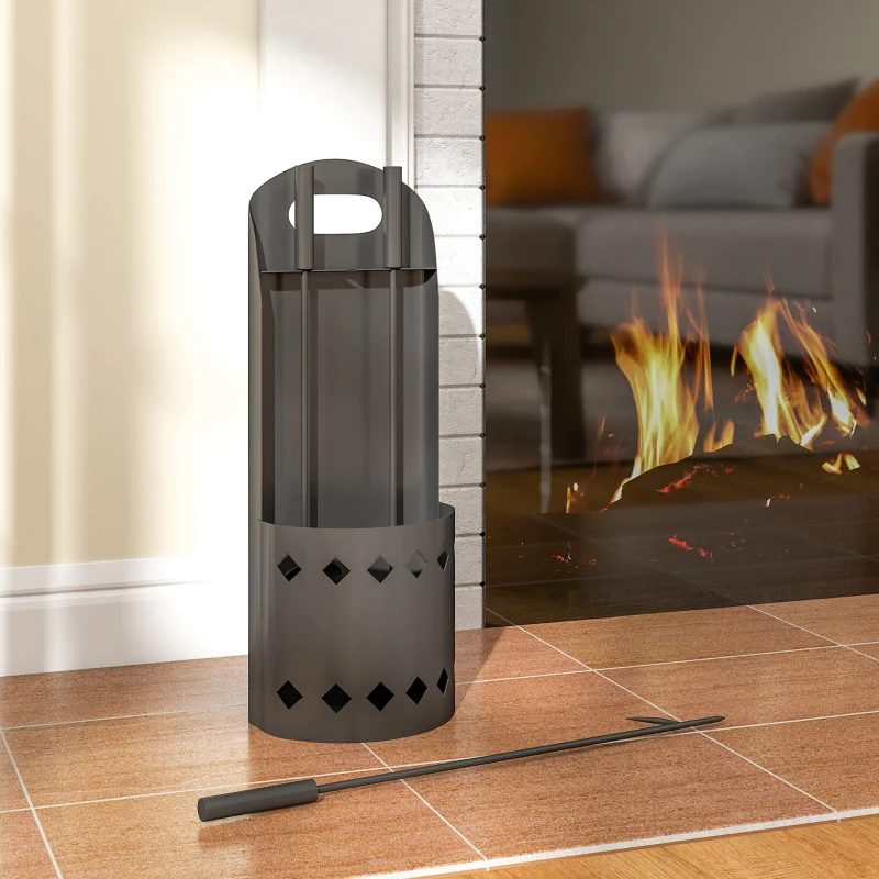 Outsunny Ensemble serviteur de cheminée 4 pièces, accessoire outils cheminee avec balai pelle tisonnier et support, en métal noir