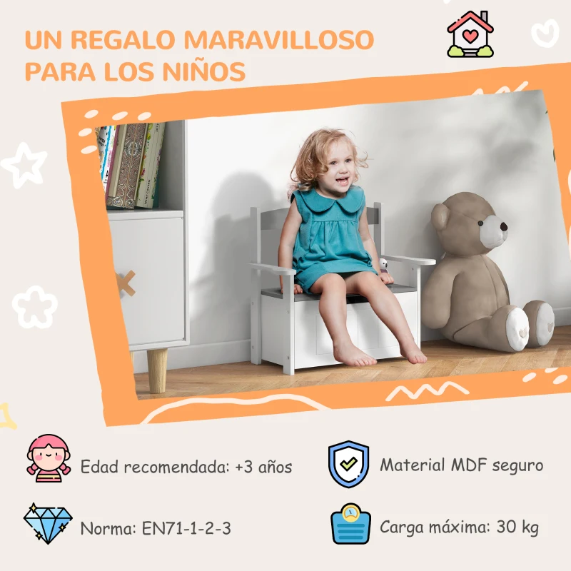 AIYAPLAY Banco Almacenaje para Niños con Respaldo Tapa Amortiguadora Carga 30 kg para Salas de Juego 68,5x34x58 cm Gris y Blanco