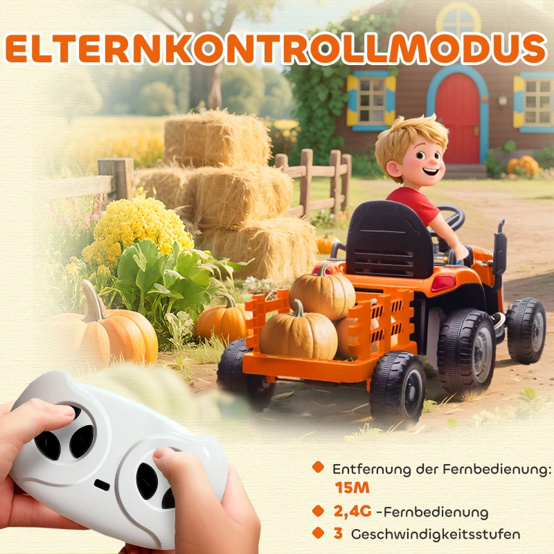 AIYAPLAY Elektrischer Kindertraktor, Aufsitz-Traktor mit Fernbedienung, Soft-Start, für Kinder im Alter von 3-8 Jahren, Orange(m-6)