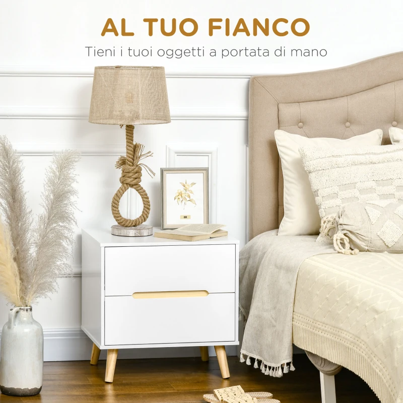 HOMCOM Comodino Moderno con 2 Cassetti, Set 2 Pezzi in Truciolato e Gambe in Legno di Pino, 50Lx40Px50.5A cm, Bianco