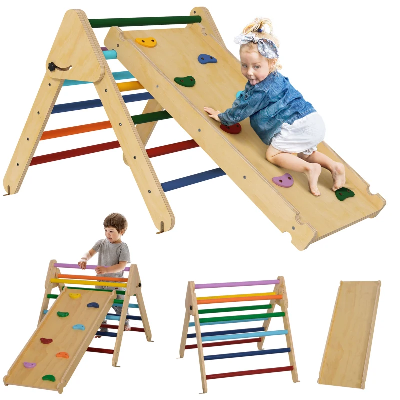 AIYAPLAY Triángulo de Escalada de Madera 3 en 1 con Rampa para Deslizarse o Escalar 147x64,5x63 cm Multicolor(m-10)