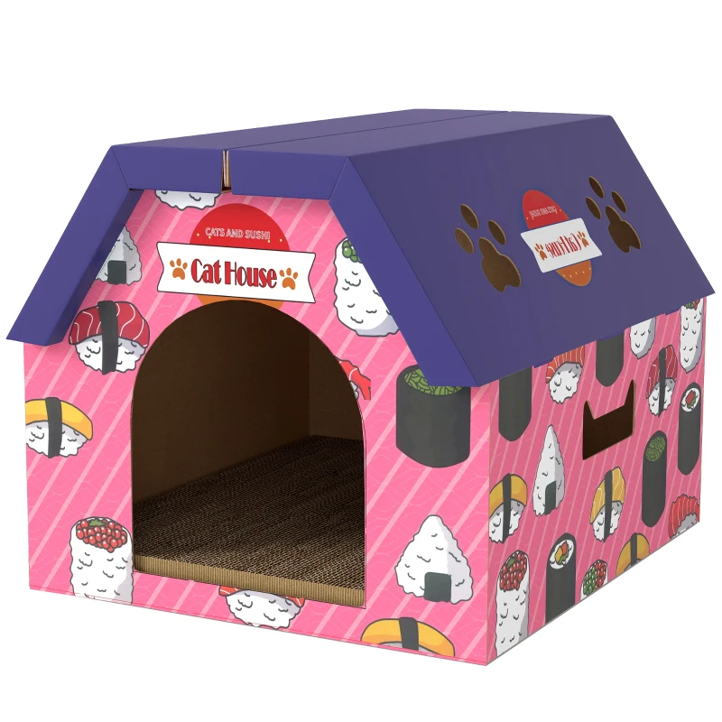 PawHut Cat Scratching Board, 2-in-1 Cardboard Cat House and Hideaway for Indoor Cats, Pink