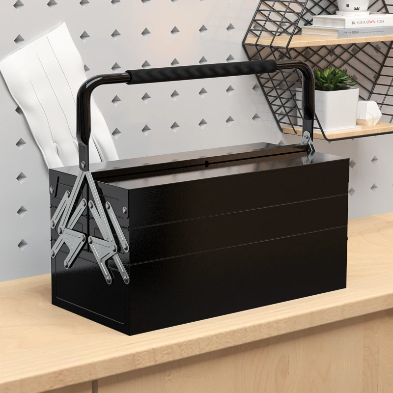 DURHAND Faltbare Metall-Werkzeugkiste mit 5 Tabletten und Griff für Werkstatt Garage 45x20x34,5 cm Schwarz