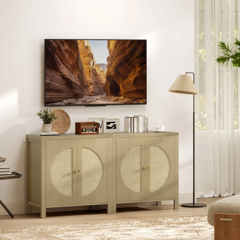 HOMCOM Buffet cuisine, meuble de rangement avec 2 portes effet rotin et étagère réglable, 75 x 38 x 77 cm, bois naturel