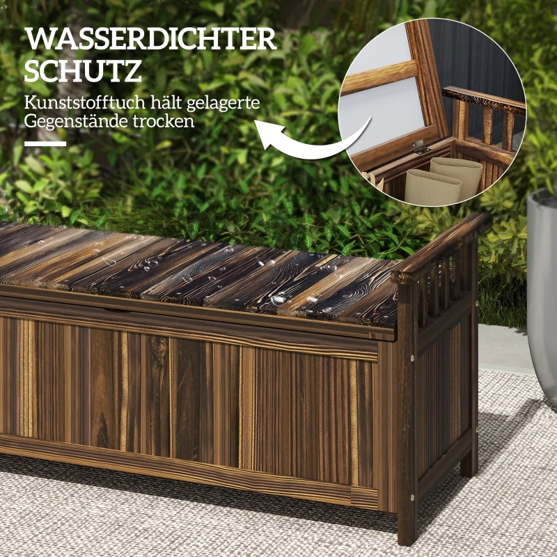 Outsunny 2-Sitzer Gartenbank Holz, wetterfest Sitzbank, Gartenmöbel mit Stauraum Armlehnen 128,5 x 56 x 53,5cm, Verkohlt(m-7)