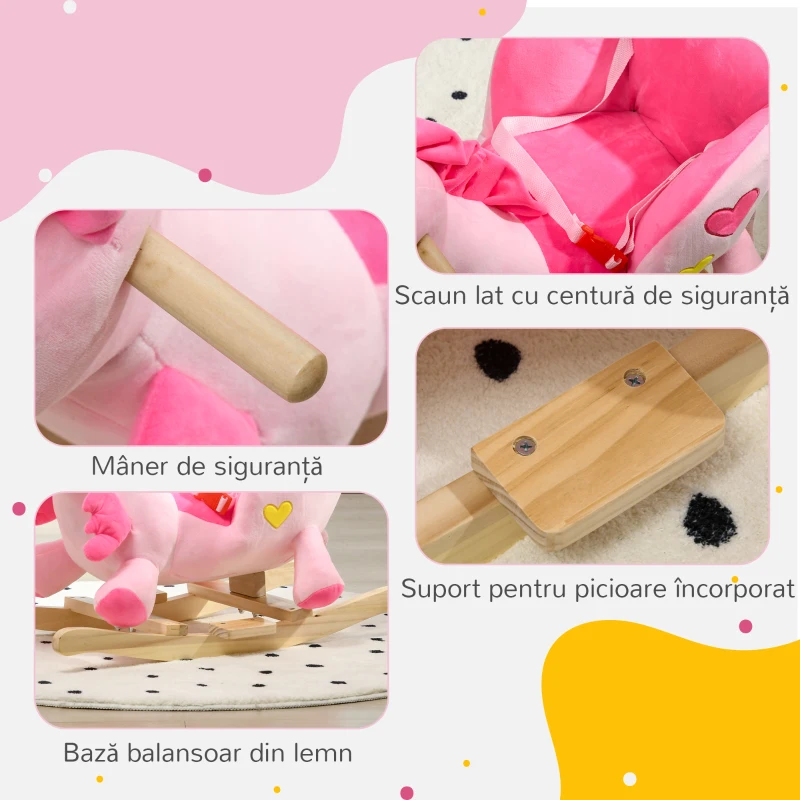 HOMCOM Cal Balansoar, Unicorn Balansoar din Pluș cu Bază din Lemn și Centură de Siguranță pentru Copii, 65x35x45 cm, Roz