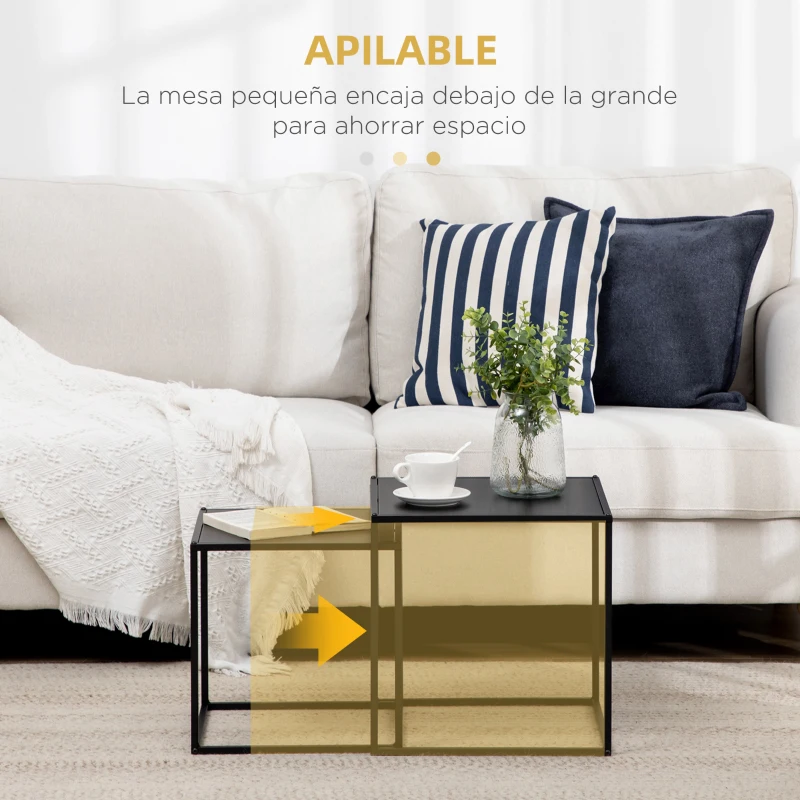 HOMCOM Juego de 2 Mesas Nido Mesas de Centro para Salón Cuadradas Material de Acero Grande 40 cm Pequeña 35 cm Negro