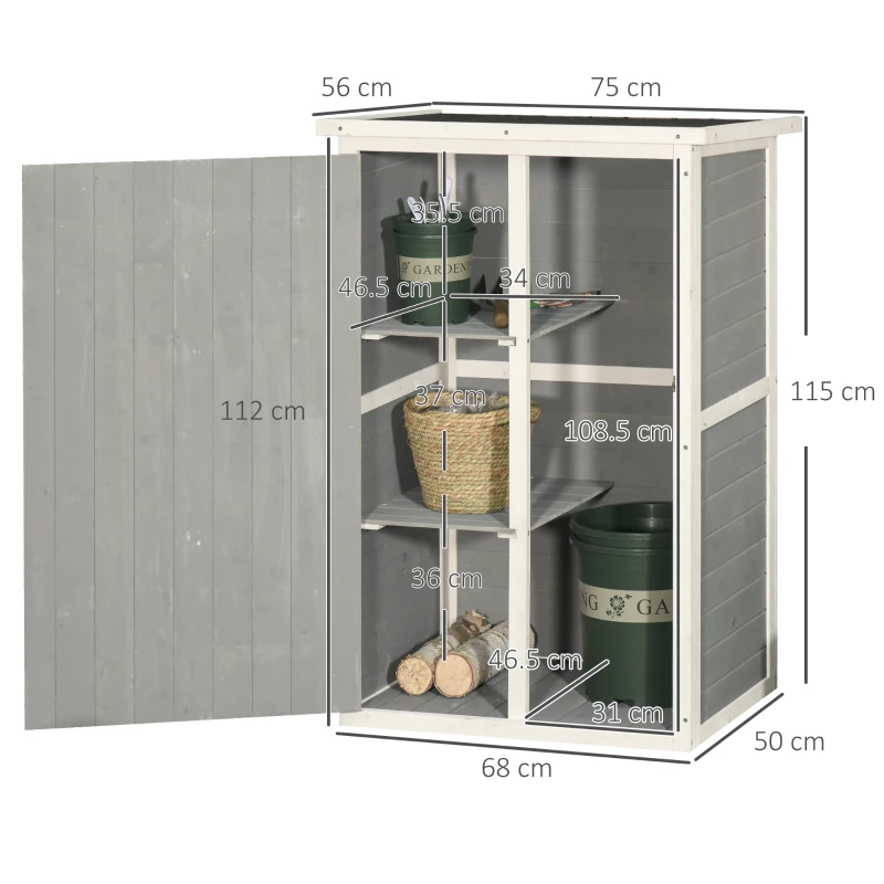 Outsunny Wooden Garden Storage Shed, Garden Shed Tool Cabinet Organiser with Shelves, 75 x 56 x115cm, Grey