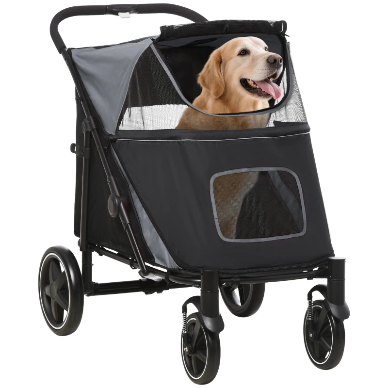 PawHut Cochecito Plegable para Perros Carrito de Mascotas con Ventanas de Malla Correas de Seguridad 112x65x100 cm Gris y Negro