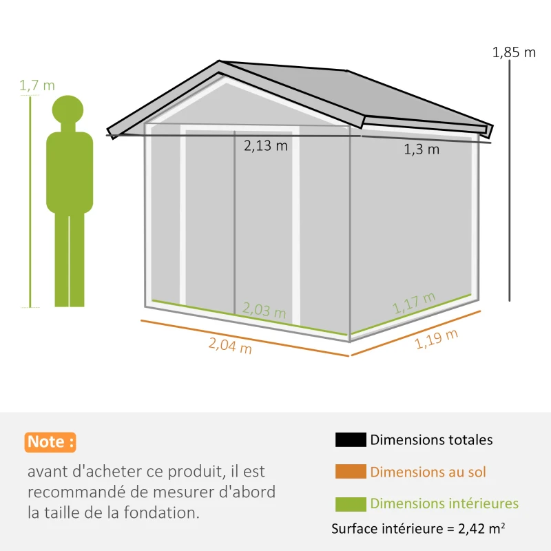 Outsunny Abri de Jardin 2,42 m² - Remise pour Outils avec Fondation - cabanon Porte verrouillable - tôle d'acier Gris