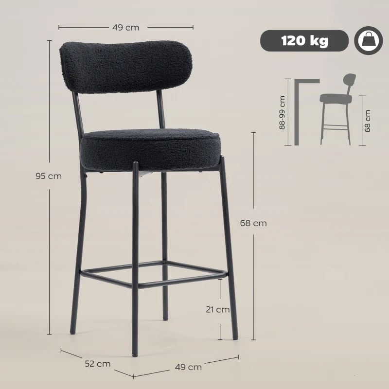 HOMCOM Juego de 2 taburetes de bar en tela felpa, taburetes de bar con respaldo curvado, reposapiés, 49x52x95cm, negro