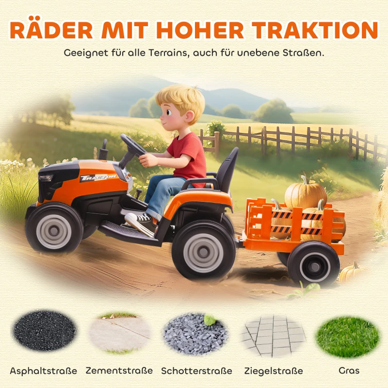 AIYAPLAY Elektrischer Kindertraktor, Aufsitz-Traktor mit Fernbedienung, Soft-Start, für Kinder im Alter von 3-8 Jahren, Orange(m-9)