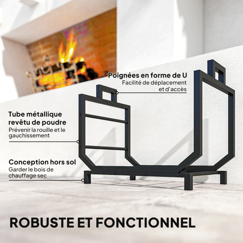 Outsunny Range-bûches porte buche avec sac de transport et poignées pour intérieure, en métal robuste, 53 x 33 x 43 cm, noir