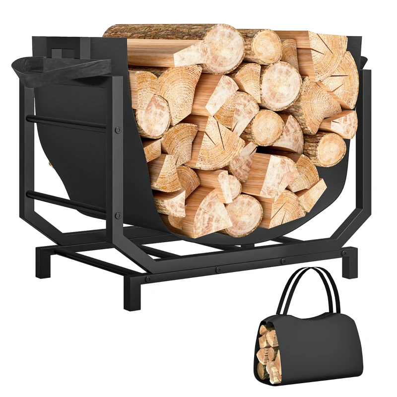 Outsunny Range-bûches porte buche avec sac de transport et poignées pour intérieure, en métal robuste, 53 x 33 x 43 cm, noir