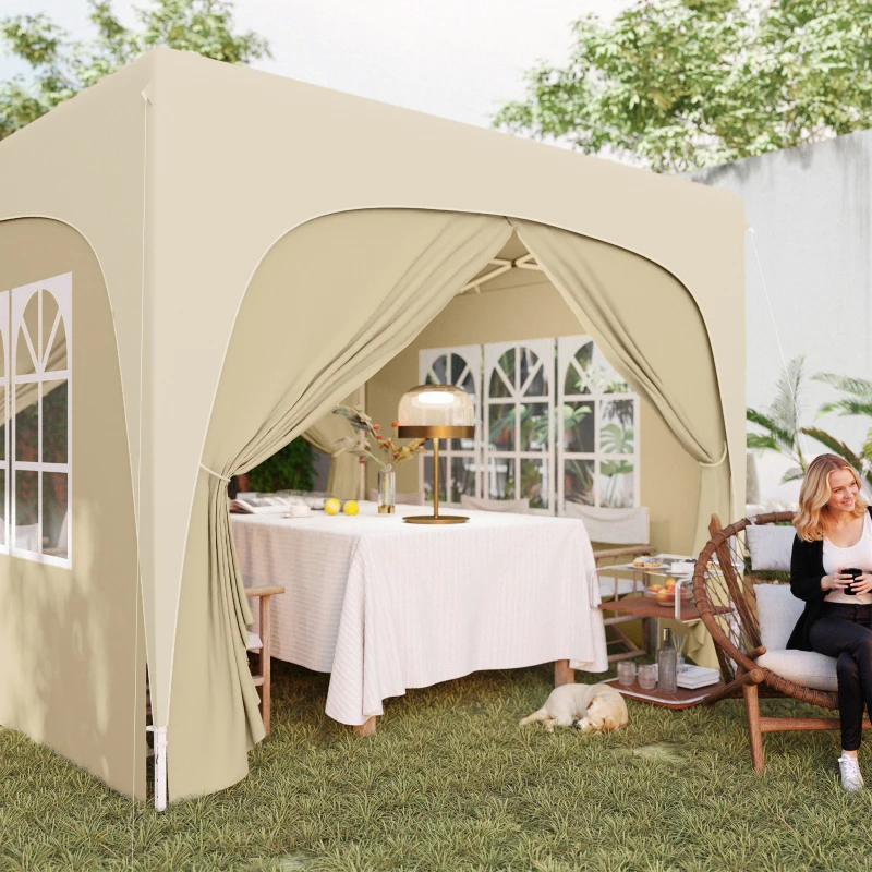 Outsunny 3 x 3 m Pavillon, Pop-up Gartenzelt mit Seitenwänden und Tragetasche, UPF50+, höhenverstellbar, Sand(m-9)
