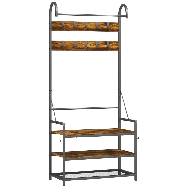 HOMCOM Appendiabiti da Ingresso con Asta, 10 Ganci, Panca e Scarpiera, in Legno e Metallo, 80x40x182 cm, Marrone e Nero