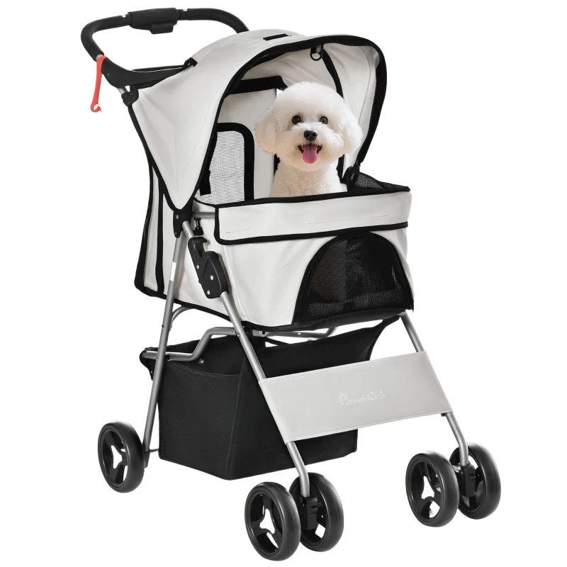 PawHut Carrito para Perros con Toldo Ajustable Cesta de Almacenaje y Ruedas con Freno Tela Oxford 75x46x94 cm Gris