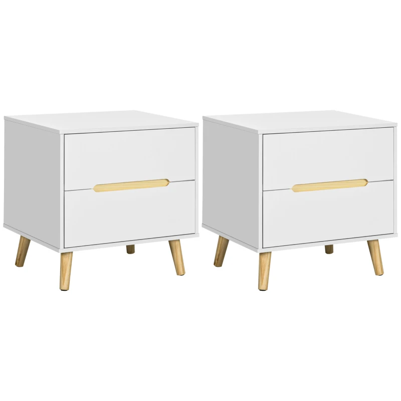 HOMCOM Comodino Moderno con 2 Cassetti, Set 2 Pezzi in Truciolato e Gambe in Legno di Pino, 50Lx40Px50.5A cm, Bianco