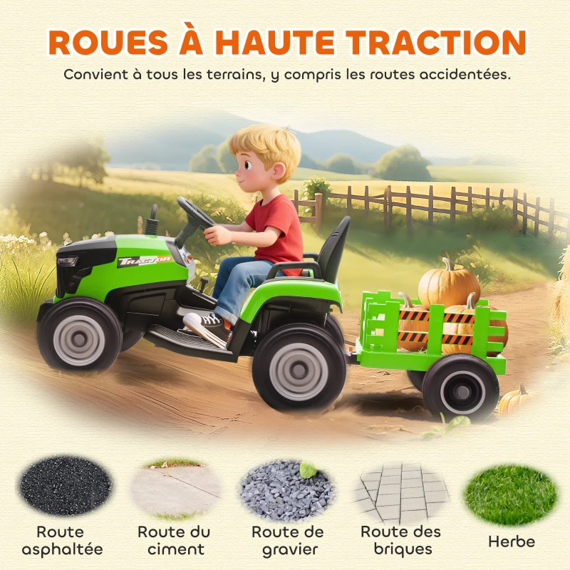 AIYAPLAY Tracteur électrique enfants avec remorque amovible, voiture électrique enfants, télécommande 2,4G, 139x58x55cm, vert