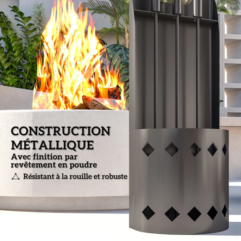 Outsunny Ensemble serviteur de cheminée 4 pièces, accessoire outils cheminee avec balai pelle tisonnier et support, en métal noir