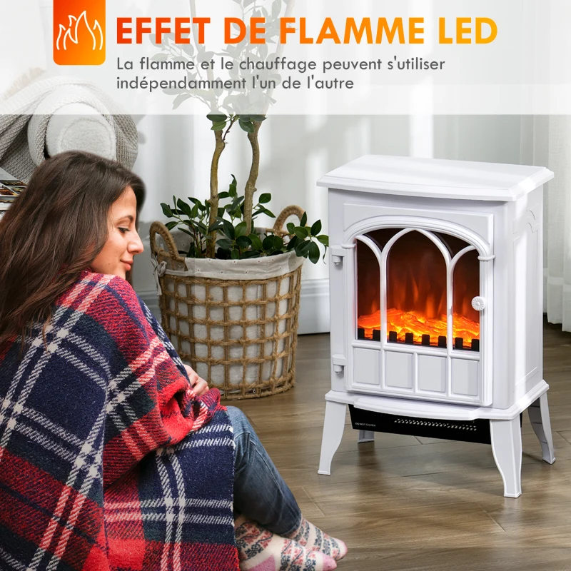 HOMCOM Cheminée électrique sur pied 1000/2000 W, fausse cheminée décorative avec effet flamme LED, blanc