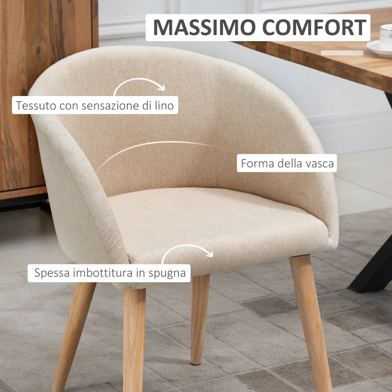 HOMCOM Set di 2 Sedie da Pranzo Stile Scandinavo Imbottite in Tessuto, 55x56x74 cm, Beige