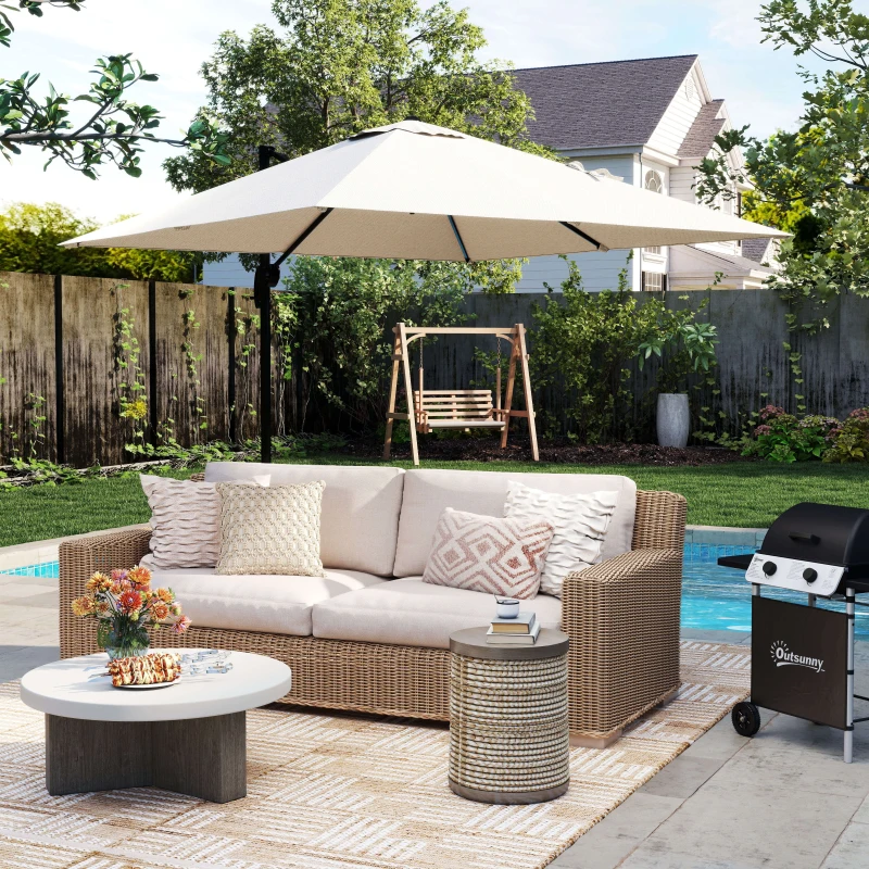 Outsunny 2.5 x 2.5m Patio Offset Parasol Umbrella Cantilever Hanging Aluminium Sun Shade Canopy Shelter 360° Rotation with Crank Handle and Cross Base, Cream White