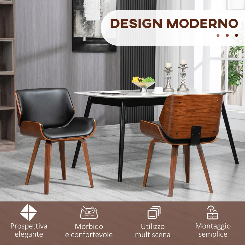 HOMCOM Set di 2 Sedie da Pranzo Stile Vintage Imbottite in Legno e Finta Pelle PU, Nero e Legno