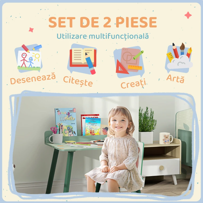 AIYAPLAY Set Masă și Scaun pentru Copii cu Raft pentru Depozitare din MDF și Lemn de Pin, 60x48x53.5 cm, Verde