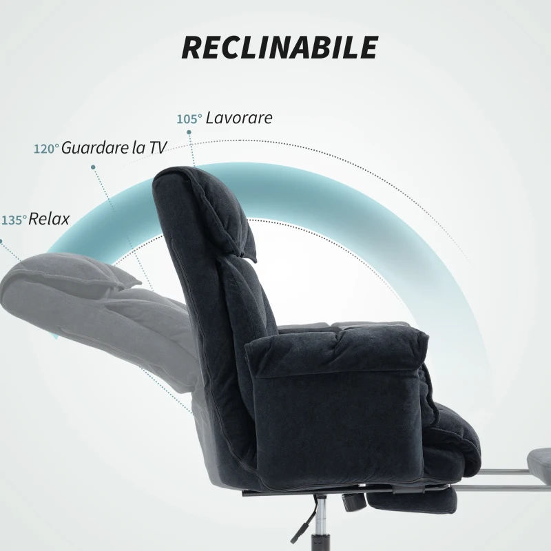 HOMCOM Sedia da Ufficio Reclinabile con Poggiapiedi, Schienale Alto, Altezza Regolabile e Ruote, Nero