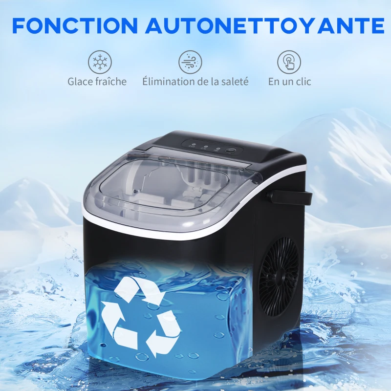 HOMCOM Machine à glaçons, 12kg en 24h, 9 glaçons en 6-12 minutes, ice maker avec poignée, panier et pelle, 22,2x29,4x29cm, noir