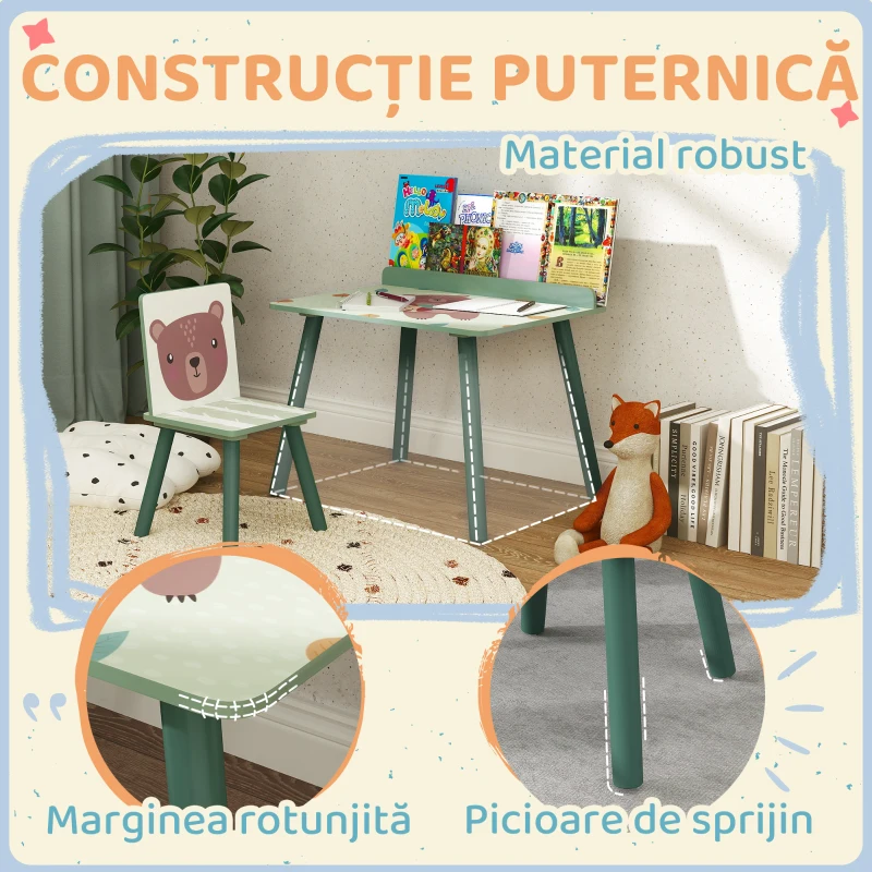 AIYAPLAY Set Masă și Scaun pentru Copii cu Raft pentru Depozitare din MDF și Lemn de Pin, 60x48x53.5 cm, Verde