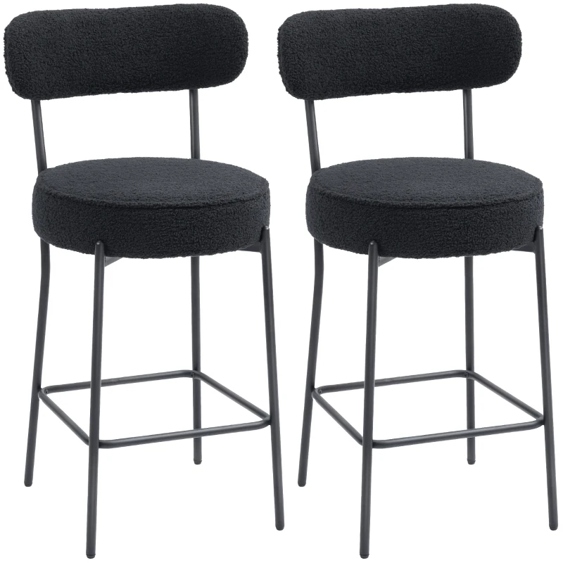 HOMCOM Set di 2 sgabelli da bar in tessuto bouclé, con schienale curvo, poggiapiedi, 49x52x95cm, Nero